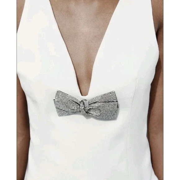 Zara Jeweled Bow Deep V Sleeveless Top White Size M NWOT - Picture 11 of 13